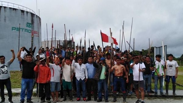 Indigenous activists occupy the state-run oil company Petroperu, Oct. 1, 2020.