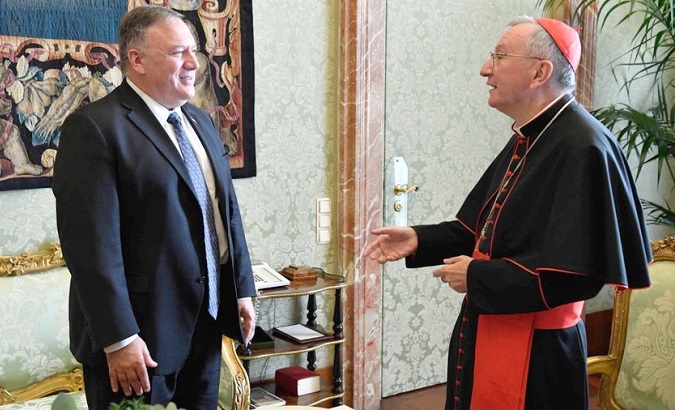 U.S. Secretary of State Mike Pompeo (L) and Cardinal Pietro Parolin (R), Vatican City, Oct. 2020.