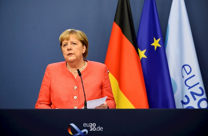 Germany's Chancellor Angela Merkel attends a news conference during the second face-to-face EU summit since the COVID-19 outbreak, in Brussels, Belgium. October 02, 2020.