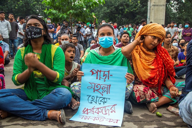 People attend cultural event as part of a protest against rape and sexual assaults on women as they demand justices at the Shahbagh area in Dhaka, Bangladesh, 12 October 2020.