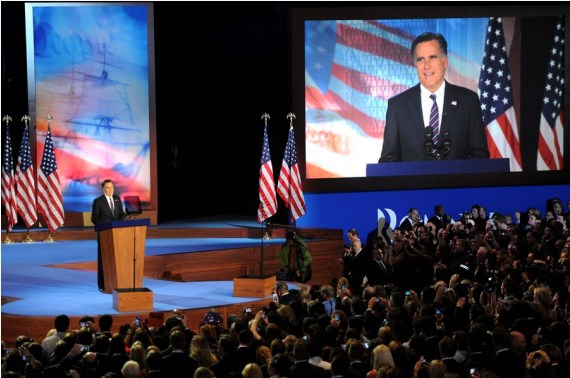 U.S. Republican presidential candidate Mitt Romney addresses his supporters during his election night rally in Boston, the United States, Nov. 6, 2012.