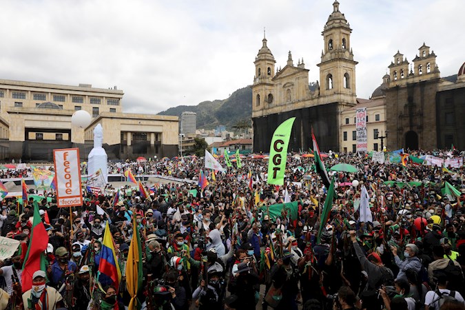 General view of Bolivar Square during the national strike called today in Bogota, Colombia. October 21, 2020.