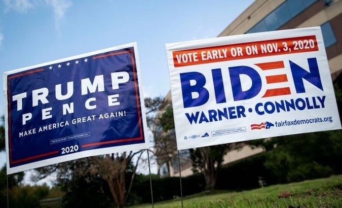 Two banners promote the nominations of Donald Trump and Joe Biden, Washington, U.S., Oct. 20, 20
