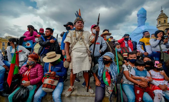 Indigenous people demonstrate against the government in Bogota, Colombia, Oct. 20, 2020.