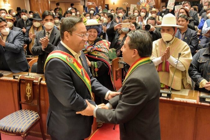 Bolivian President Luis Arce and Vice President David Choquehuanca assumed leadership of the country on Sunday's inaugural ceremony in La Paz, Bolivia. November 8, 2020.
