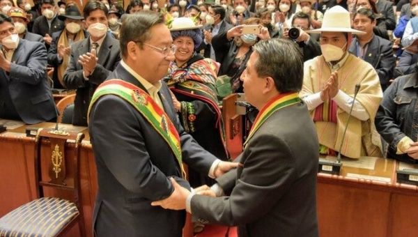 Bolivian President Luis Arce and Vice President David Choquehuanca assumed leadership of the country on Sunday's inaugural ceremony in La Paz, Bolivia. November 8, 2020.