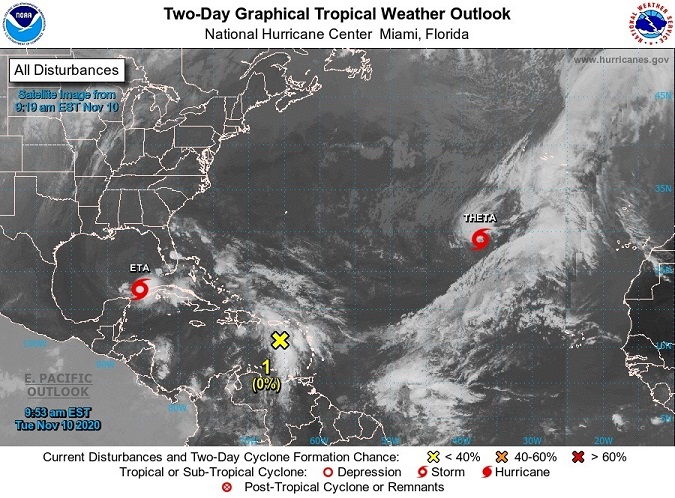 Satellite photograph provided by the National Oceanic and Atmospheric Administration (NOAA) via the National Hurricane Center (NHC) showing the location of tropical storm Eta (left) in the Gulf of Mexico and subtropical storm Theta (right) in the Atlantic. The latter raised the number of storms and hurricanes to 29 in the current Atlantic season breaking a record set in 2005.