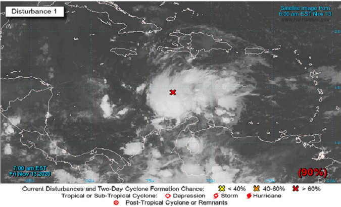 U.S. NHC is monitoring a broad area of low pressure over the central Caribbean Sea that is likely to become a tropical depression or tropical storm, Nov. 13, 2020