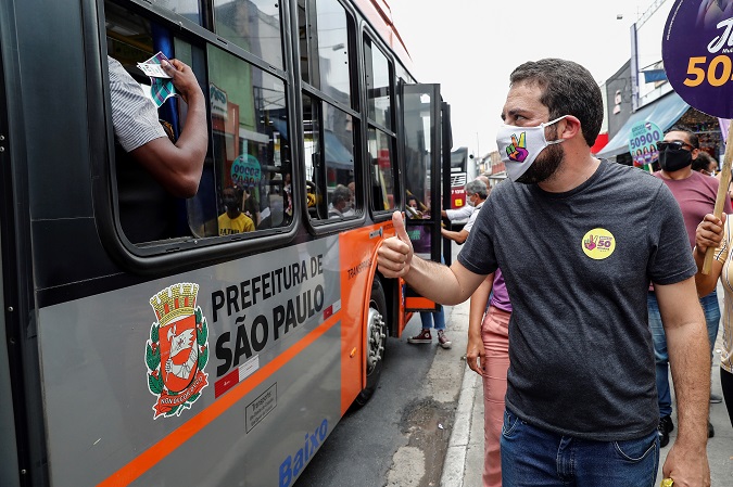 Guilherme Boulos, candidate for Mayor of Sao Paulo for the Socialism and Freedom Party in the municipal elections of November 15 in Brazil, greets followers during a campaign event in the city of Sao Paulo, Brazil.
