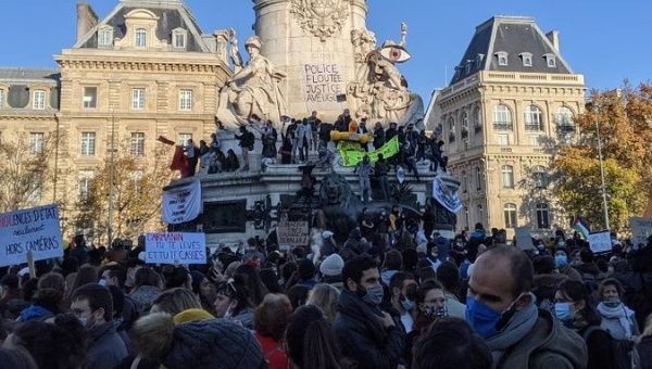 Gathering for civil liberties and against police violence, Paris, France, Nov. 28, 2020.