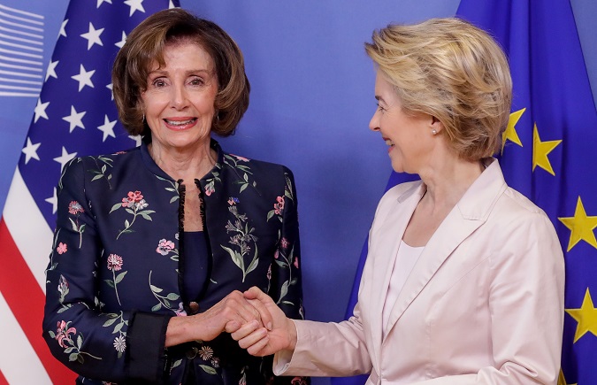 Speaker of the US House of Representatives Nancy Pelosi (L) is welcomed by President of the European Commission Ursula von der Leyen (R) ahead of a meeting at the European Commission in Brussels, Belgium, 17 February 2020.