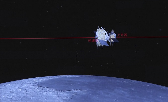 Image showing the rendezvous and docking of the ascender of Change-5 probe with the orbiter-returner combination, Dec. 6, 2020.