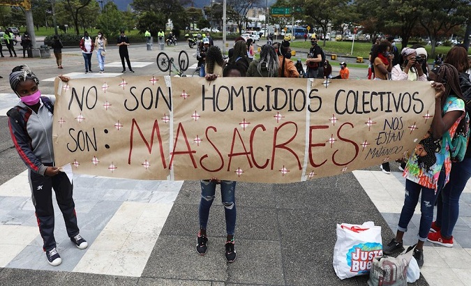 Activists mobilized against violence, Colombia, 2020. The sign reads, 