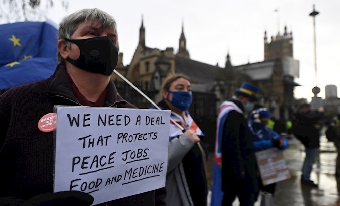 Pro EU campaigners outside parliament in London, Britain, Dec. 14, 2020.