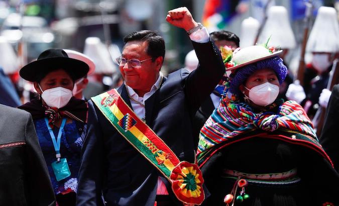 President Luis Arce (C) during the swearing-in ceremony, Bolivia, Nov. 8, 2020.