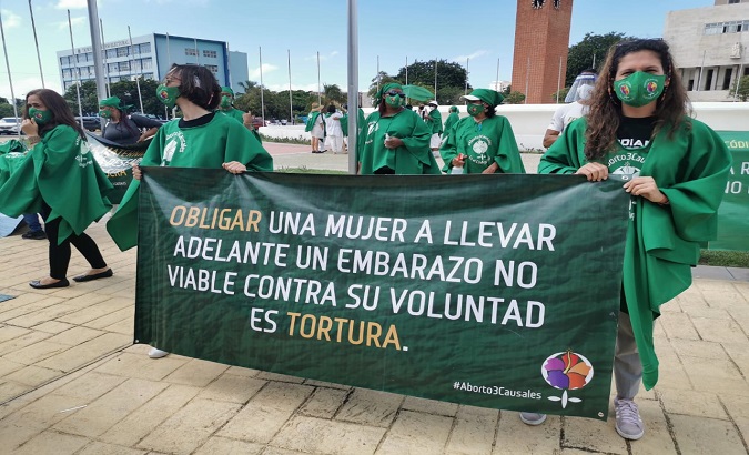 Activists mobilize for legal abortion, Dominican Republic, Oct. 6, 2020. The sign reads, 