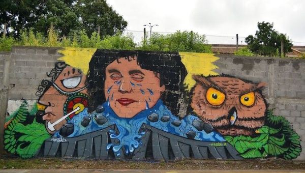 A mural of Indigenous environmental defender Bertha Caceres, who was killed in 2016. Tegucigalpa, Honduras, Dec. 20, 2020.