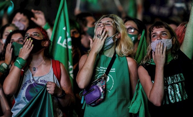 Thousands of citizens celebrate the decriminalization of Abortion outside the Congress, Buenos Aires, Argentina, Dec. 30, 2020.