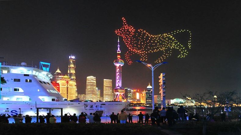 Drones light up the sky in New Year's Eve, Shanghai, China, Jan. 1, 2021.