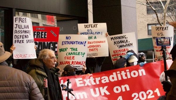 Julian Assange's supporters gather outside London's Criminal Court, U.K., Jan. 4, 2020.