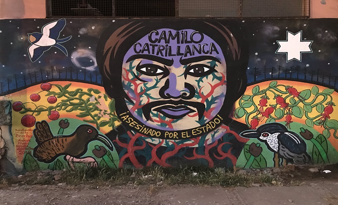 Mural dedicated to Camilo Catrillanca, Chile, 2019.The sing reads, 