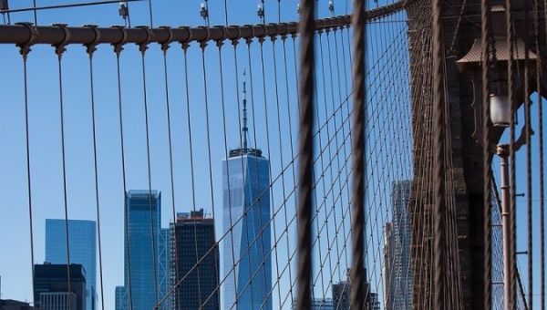 One World Trade is seen from the Brooklyn Bridge, New York, U.S., March 27, 2020.