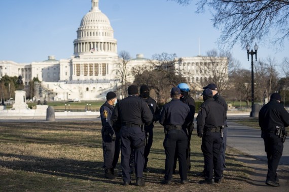 The security staff are seen near the U.S. Capitol building a day after supporters of U.S. President Donald Trump stormed it in Washington, D.C., the United States, Jan. 7, 2021.