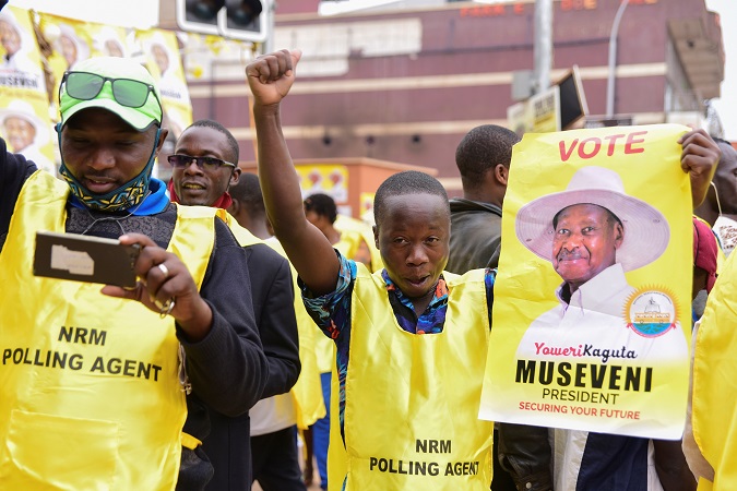 Supporters of incumbent Ugandan Presdent Yoveri Museveni and Uganda's National Resistance Movement (NRM) celebrate in the streets of Kampala, Uganda. January 16, 2021.