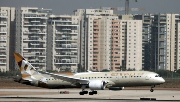 An airplane carrying the first official delegation from the United Arab Emirates (UAE) lands at the Ben Gurion international airport outside Tel Aviv, Israel, on Oct. 20, 2020.