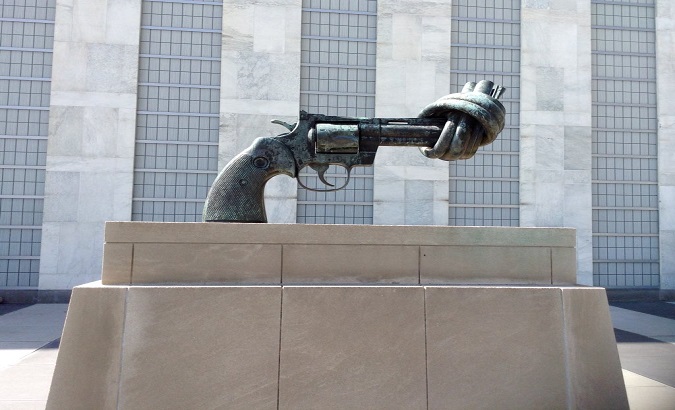 The Knotted Gun sculpture at the United Nations headquarters, New York, U.S., 2016.