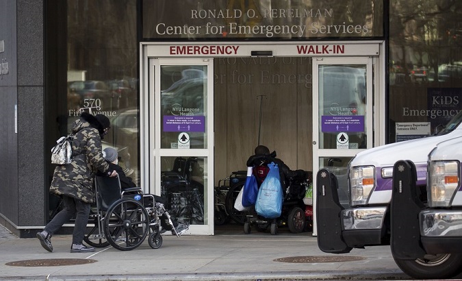 Citizen in wheel chairs arrives at a hospital in New York, U.S., Jan. 18, 2021.