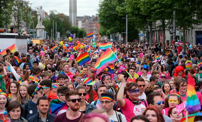 People march in gay pride parade, Spain, 2017.