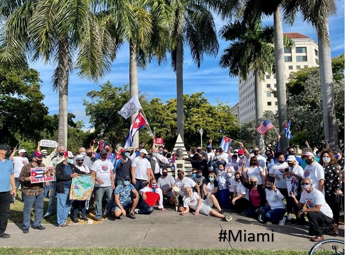 Advocates for the end of the U.S. blockade against Cuba march on a caravan in Miami on February 1, 2021.
