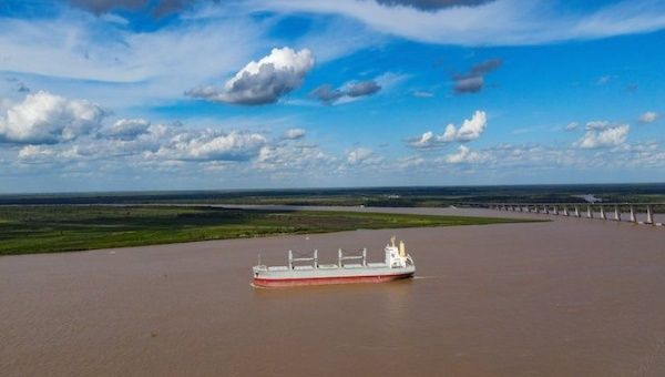 A cargo ship crosses the Parana River, Argentina, Feb. 15, 2021.