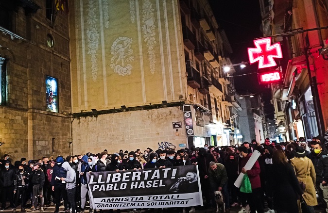 People demonstrates across Spain on February 16, 2021 demanding freedom for rapper Pablo Hasel.
