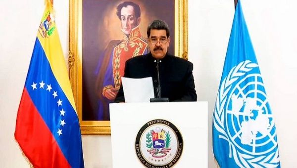 President Nicolas Maduro delivers a virtual speech, Caracas, Venezuela, Feb. 22, 2021.