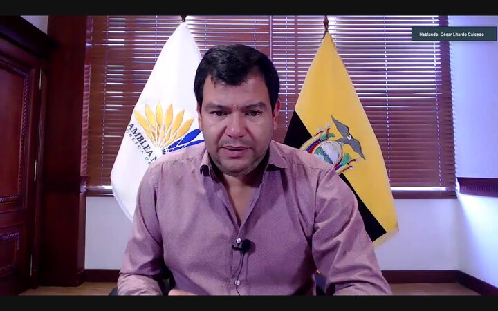 Ecuadorean National Assembly President Cesar Litardo presides over a virtual session in which lawmakers demanded President Lenin Moreno top officials who oversaw last month's deadly prison riots.