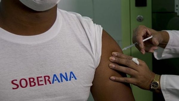 A man is vaccinated with Soberana 02 during a clinical trial, La Habana, Cuba.