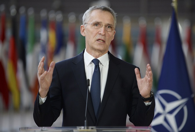NATO Secretary General Jens Stoltenberg speaks to the press ahead of a video conference on security and defence and on the EU's Southern Neighborhood, in Brussels, Belgium, 26 February 2021.