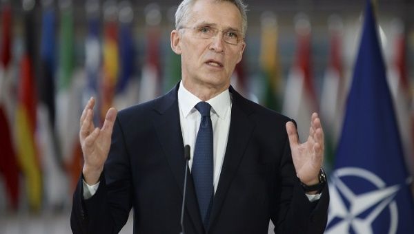 NATO Secretary General Jens Stoltenberg speaks to the press ahead of a video conference on security and defence and on the EU's Southern Neighborhood, in Brussels, Belgium, 26 February 2021.  