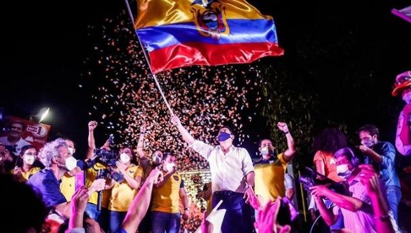 Andres Arauz waves a flag of Ecuador, March 22, 2021. 