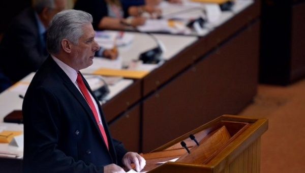 Cuban President Miguel Diaz-Canel during a speech at the Cuban Parliament in 2019, critizing attempts by Washington and the OAS to distort the reality of Latin America and the Caribbean. 