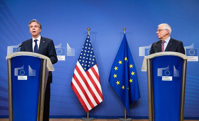 U.S. State Secretary Antony Blinken (L) and EU High Representative for Foreign Affairs Josep Borrell (R) in Brussels, Belgium, March 24, 2021.