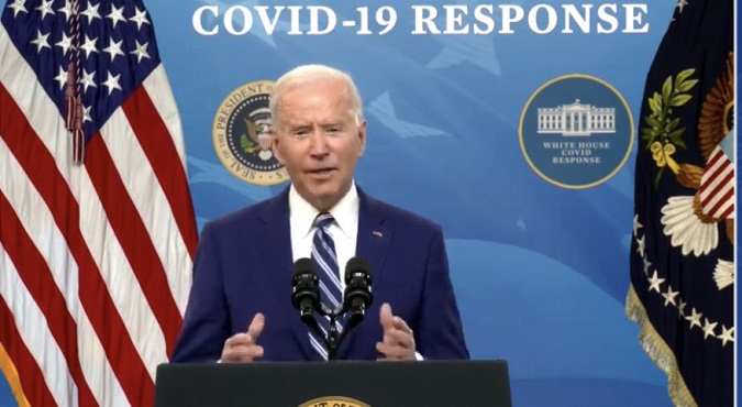 U.S. president Joe Biden addresses the nation from the White House on March 29, 2021.