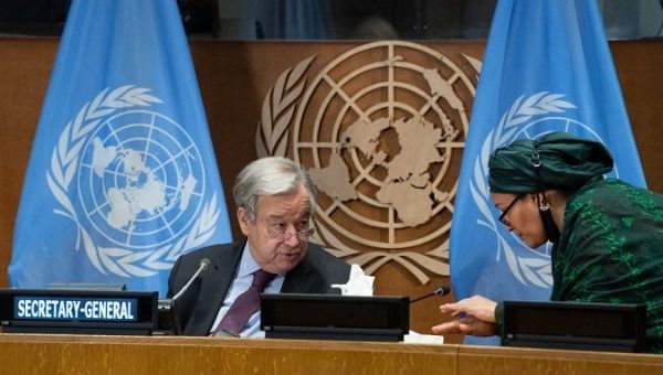 UN Secretary-General Antonio Guterres (L) at the UN headquarters in New York, March 29, 2021.