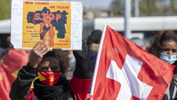 People of the Tigrayan community protest against the Ethiopian government at the UN headquarters, Geneva, Switzerland, April 16, 2021.