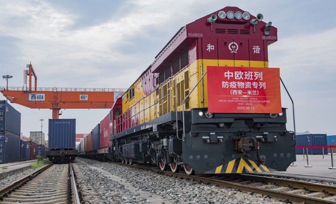 A train with anti-epidemic supplies leaves the Xinzhu Railway Station in Xi'an, China, Aug. 12, 2020.
