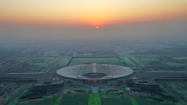 Aerial photo taken on Dec. 27, 2020 shows the Xiong'an Railway Station at sunrise in Xiong'an New Area, north China's Hebei Province.