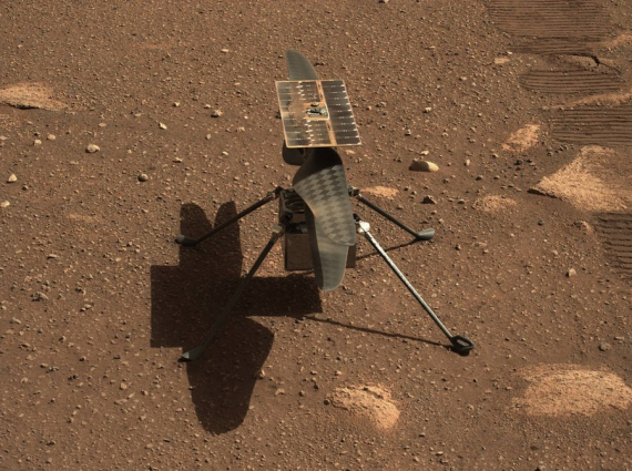 Image taken by cameras aboard NASA's Perseverance rover on Mars, April 5, 2021 shows Mars helicopter Ingenuity.