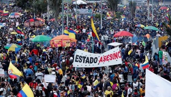 People take to the streets protesting against Ivan Duque, Bogota, Colombia, May 15, 2021.